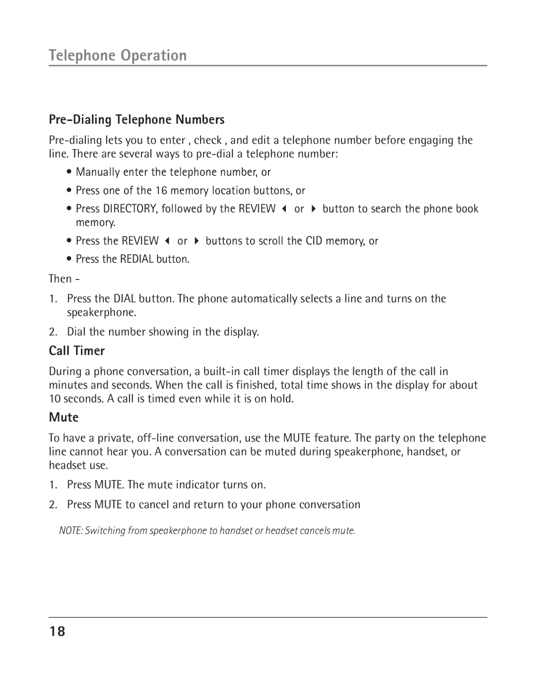 RCA 25202 manual Pre-Dialing Telephone Numbers, Call Timer, Mute 