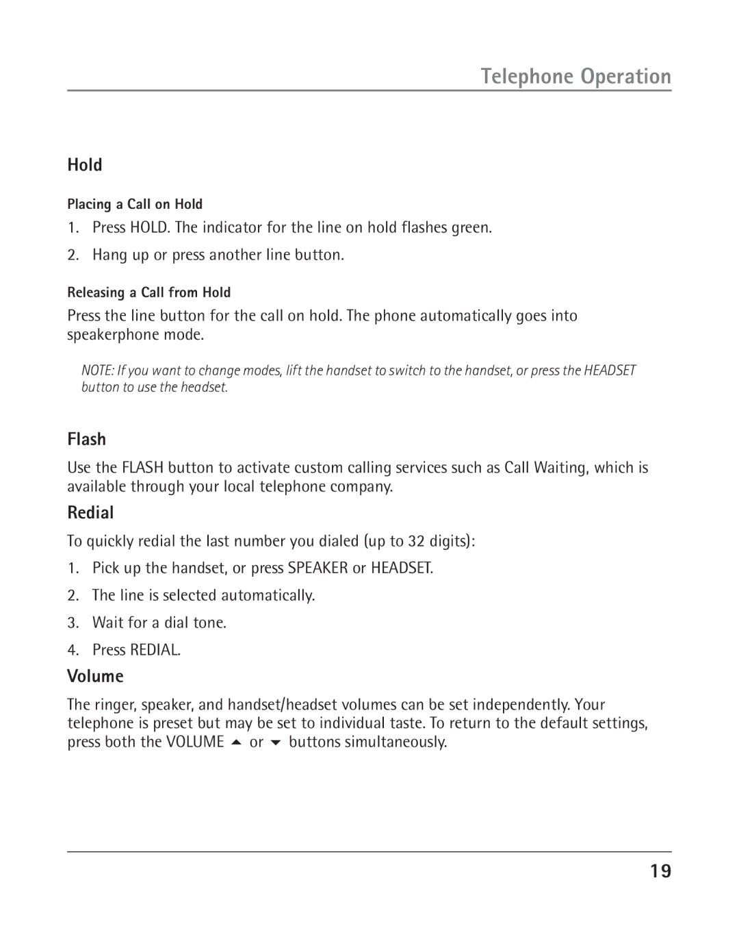 RCA 25202 manual Hold, Flash, Redial, Volume 