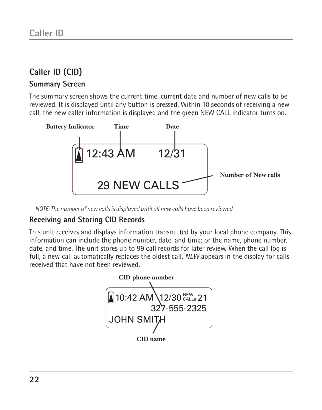 RCA 25202 manual Caller ID CID, Summary Screen, Receiving and Storing CID Records 