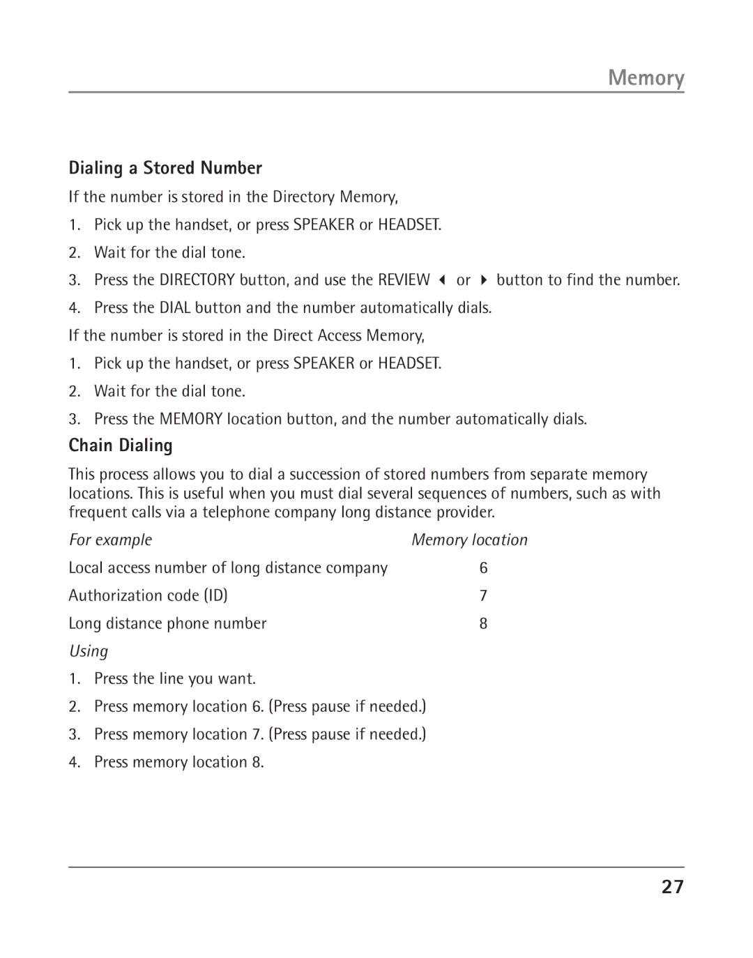 RCA 25202 manual Dialing a Stored Number, Chain Dialing 