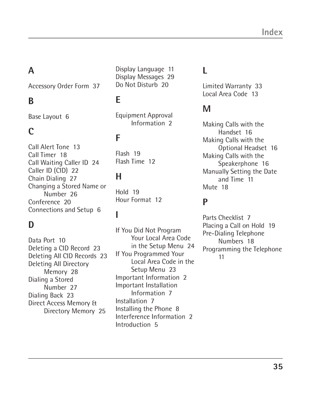 RCA 25202 manual Index, Conference 20 Connections and Setup, Deleting All CID Records, Local Area Code 