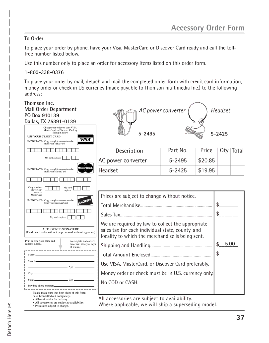 RCA 25202 manual Accessory Order Form, 2495 $20.85, 2425 $19.95 