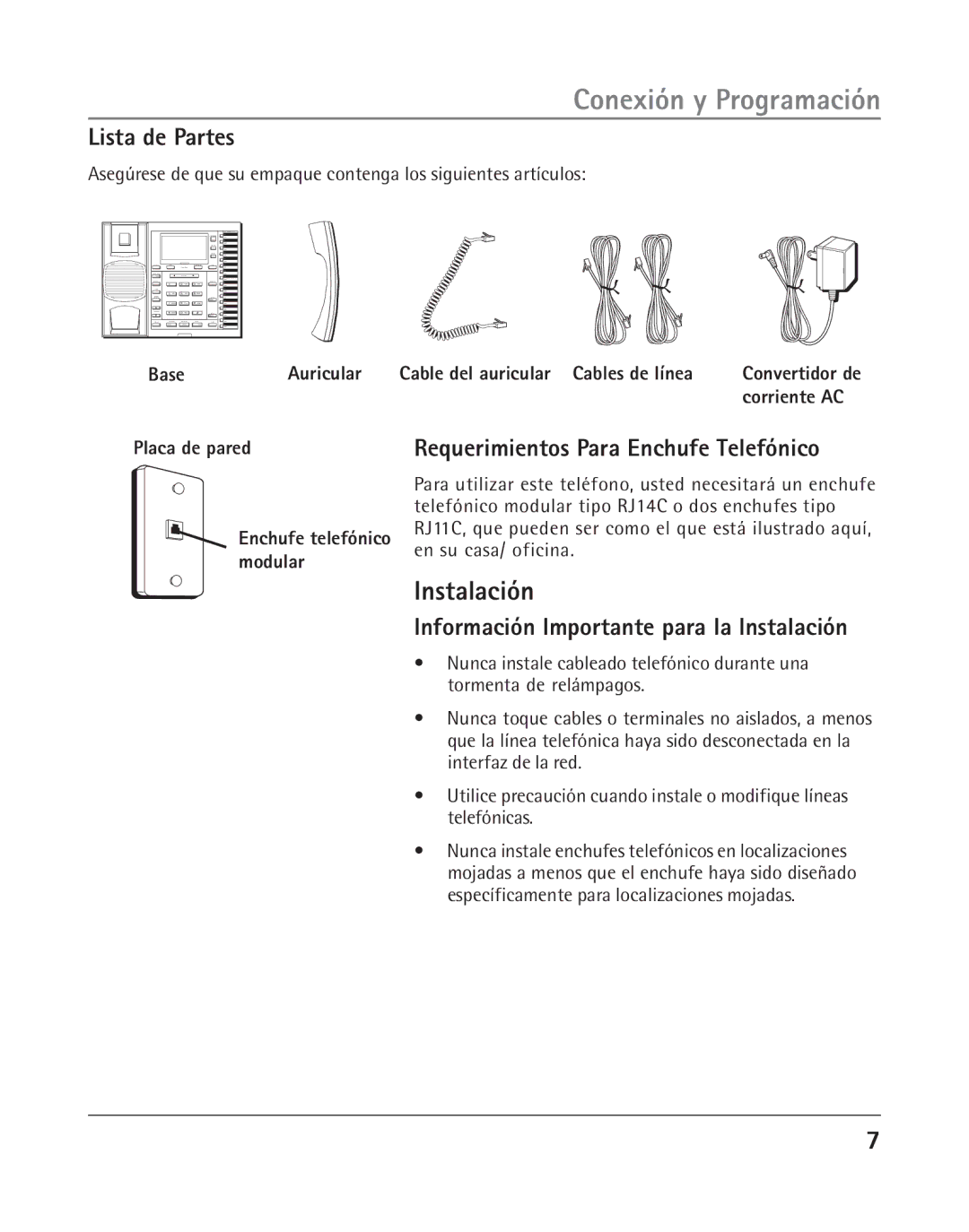 RCA 25202 manual Lista de Partes, Requerimientos Para Enchufe Telefónico, Información Importante para la Instalación 