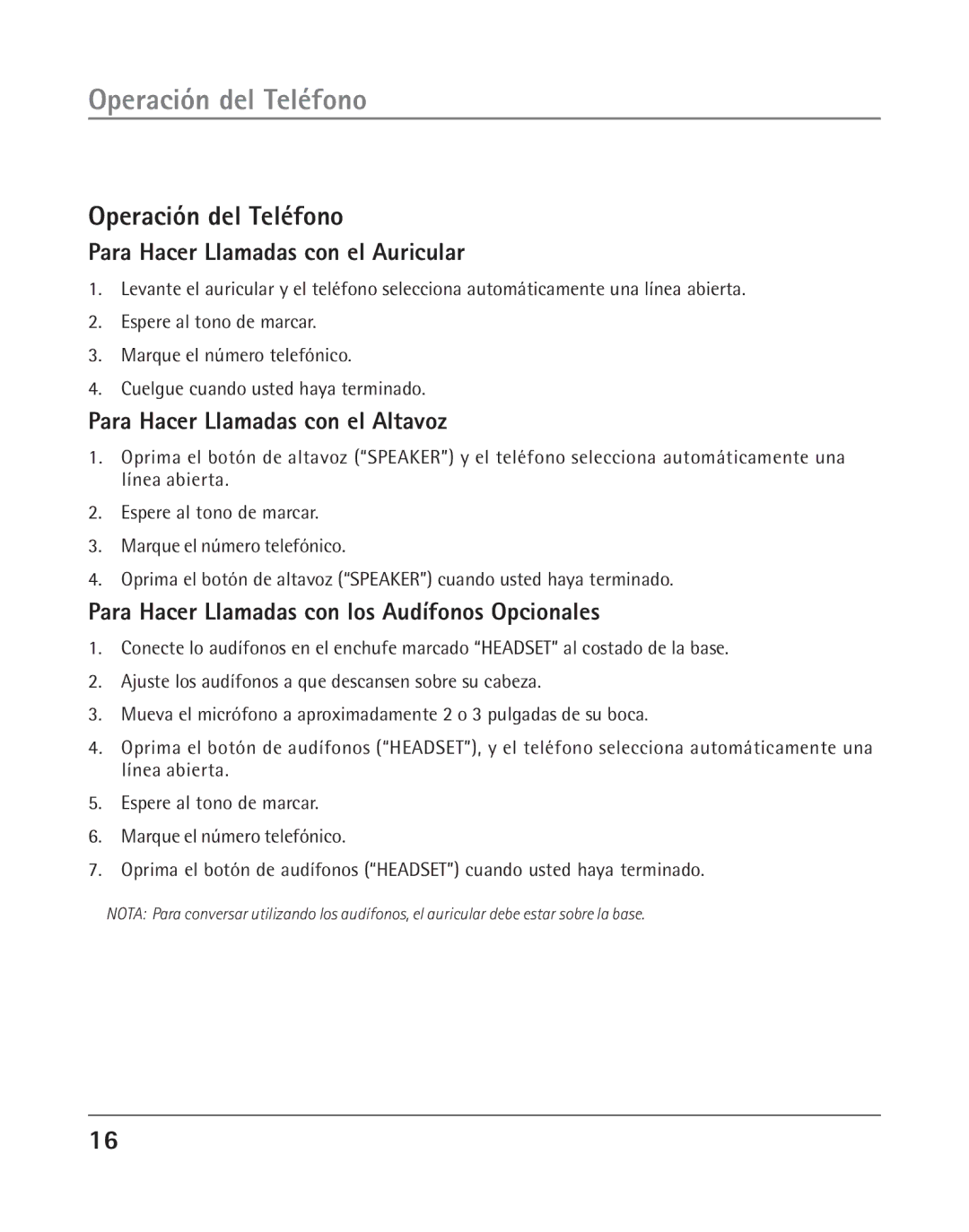 RCA 25202 manual Operación del Teléfono, Para Hacer Llamadas con el Auricular, Para Hacer Llamadas con el Altavoz 