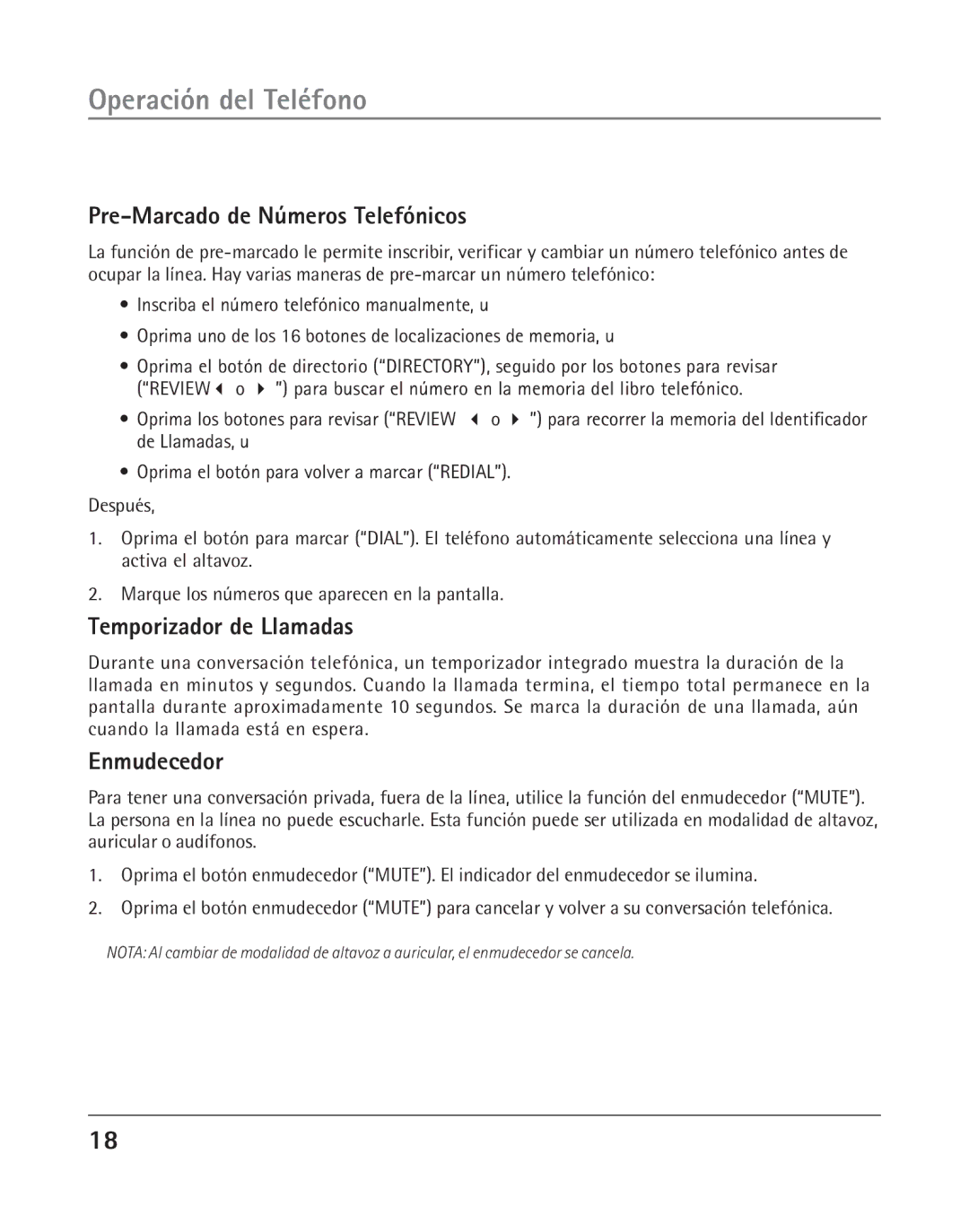 RCA 25202 manual Pre-Marcado de Números Telefónicos, Temporizador de Llamadas, Enmudecedor 