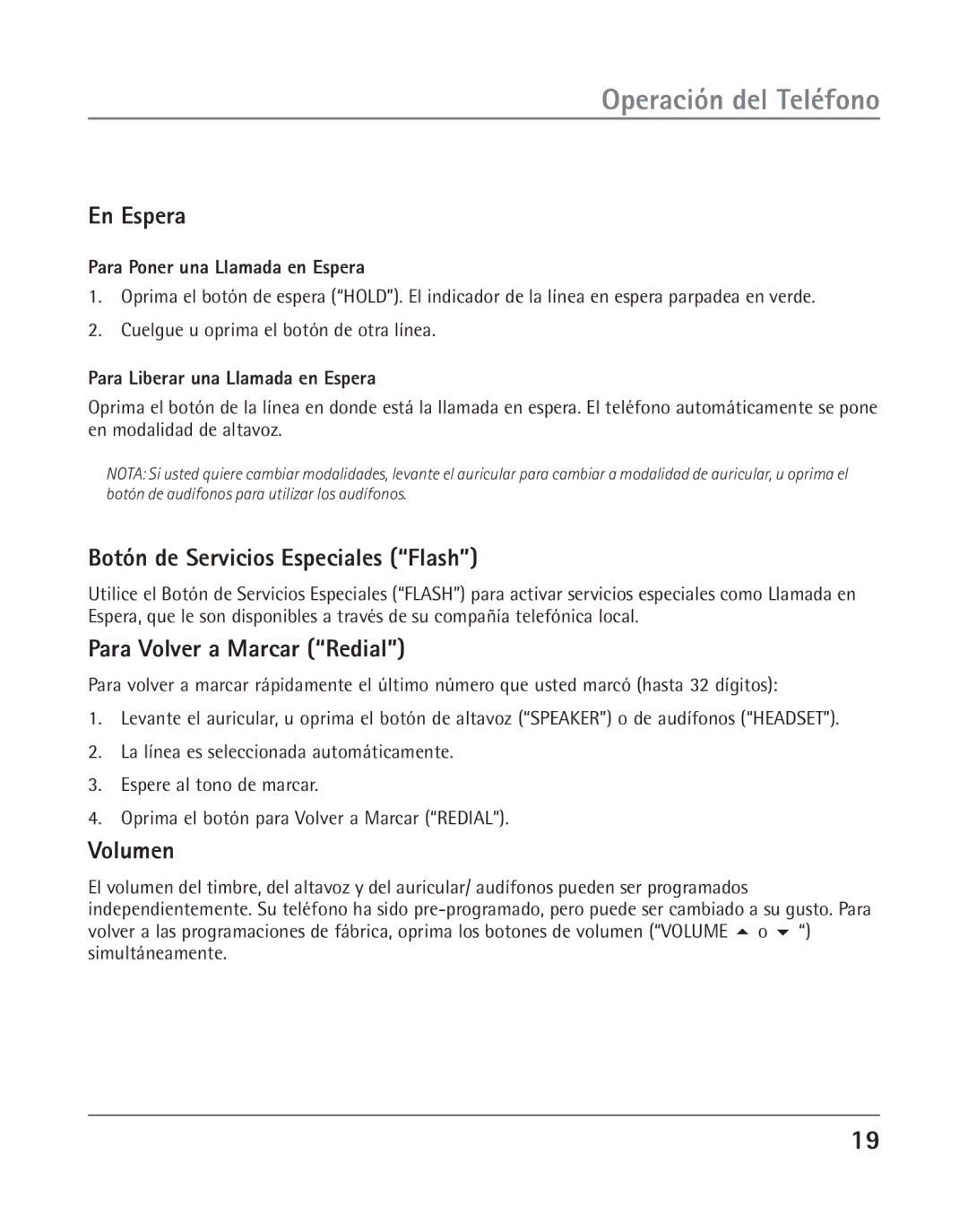 RCA 25202 manual En Espera, Botón de Servicios Especiales Flash, Para Volver a Marcar Redial, Volumen 