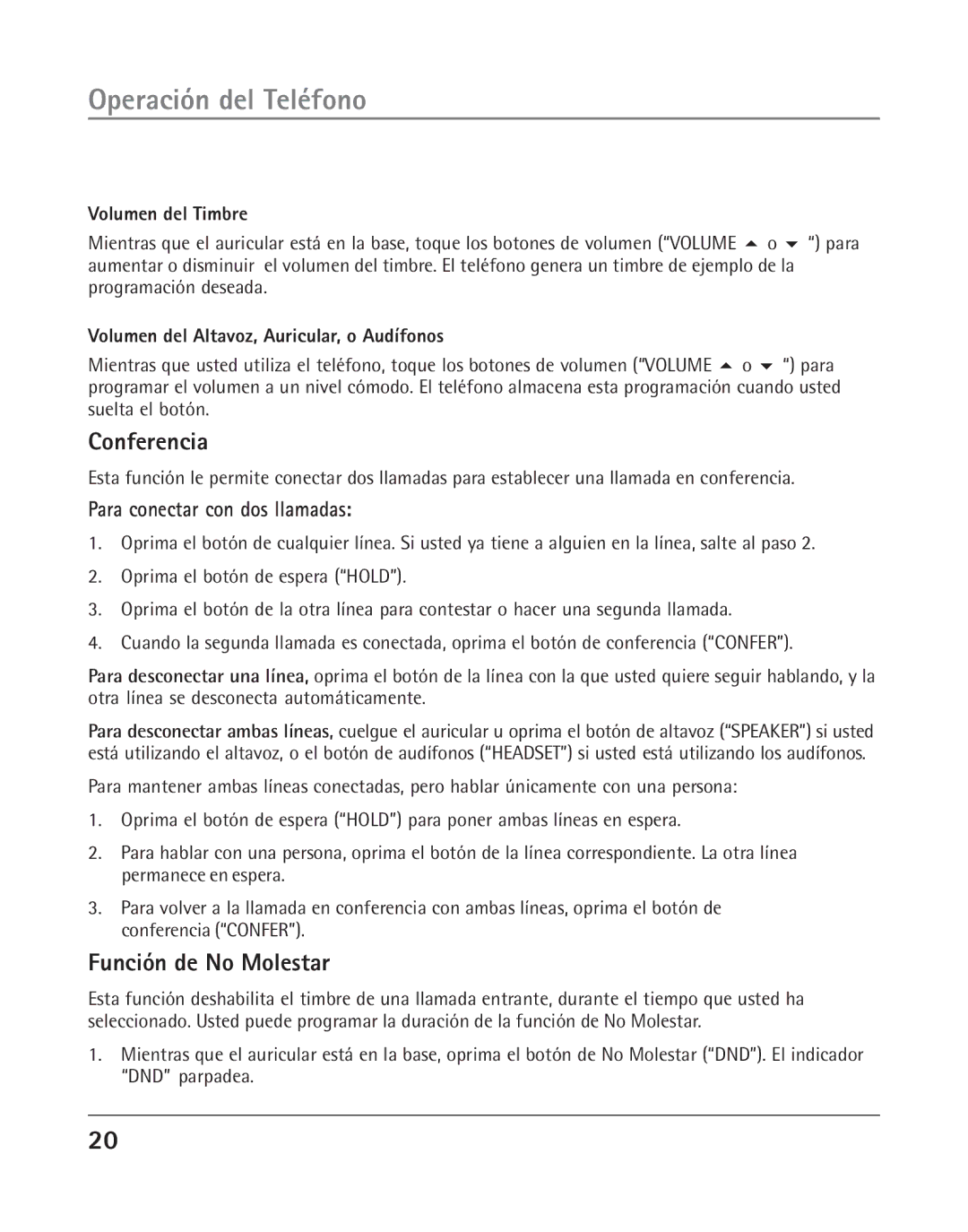 RCA 25202 manual Conferencia, Función de No Molestar, Programación deseada, Para 