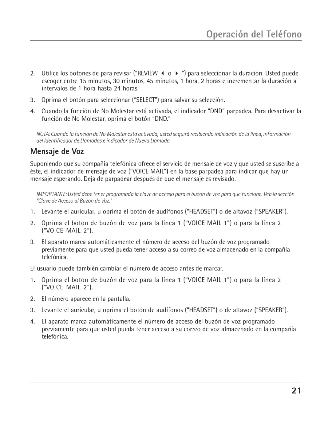 RCA 25202 manual Mensaje de Voz 