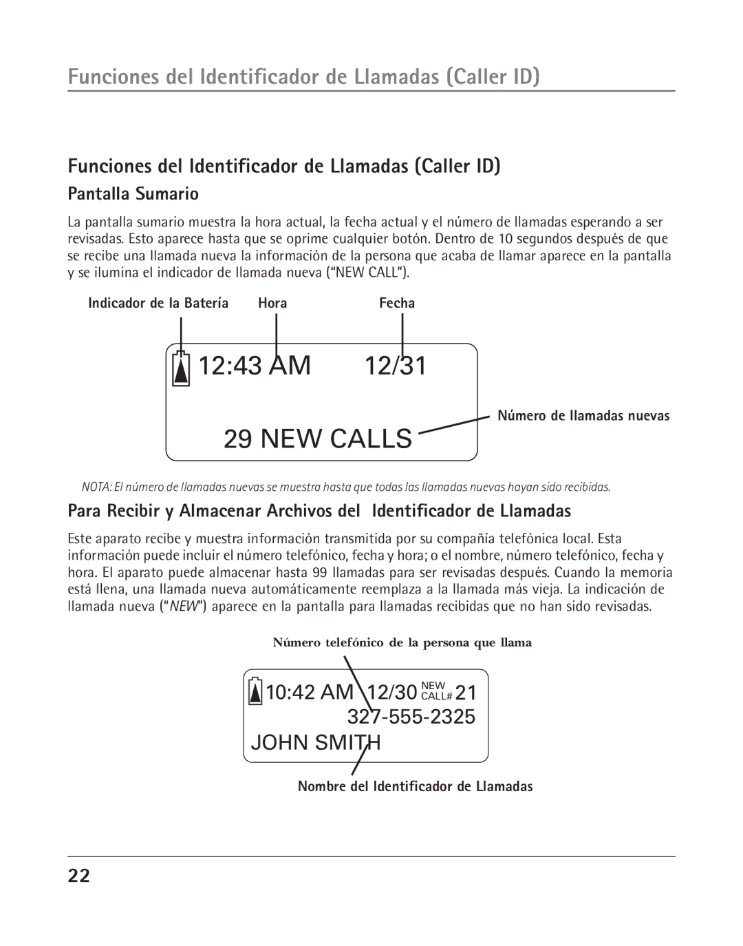 RCA 25202 manual Funciones del Identificador de Llamadas Caller ID, Pantalla Sumario 