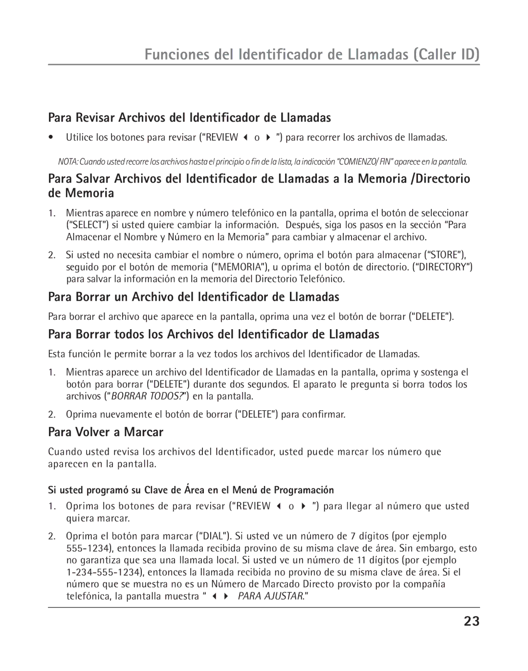 RCA 25202 manual Para Revisar Archivos del Identificador de Llamadas, Para Borrar un Archivo del Identificador de Llamadas 