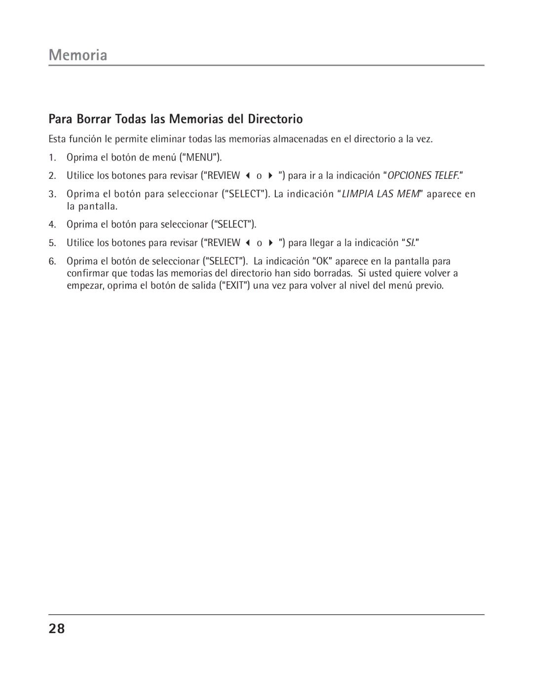 RCA 25202 manual Para Borrar Todas las Memorias del Directorio 