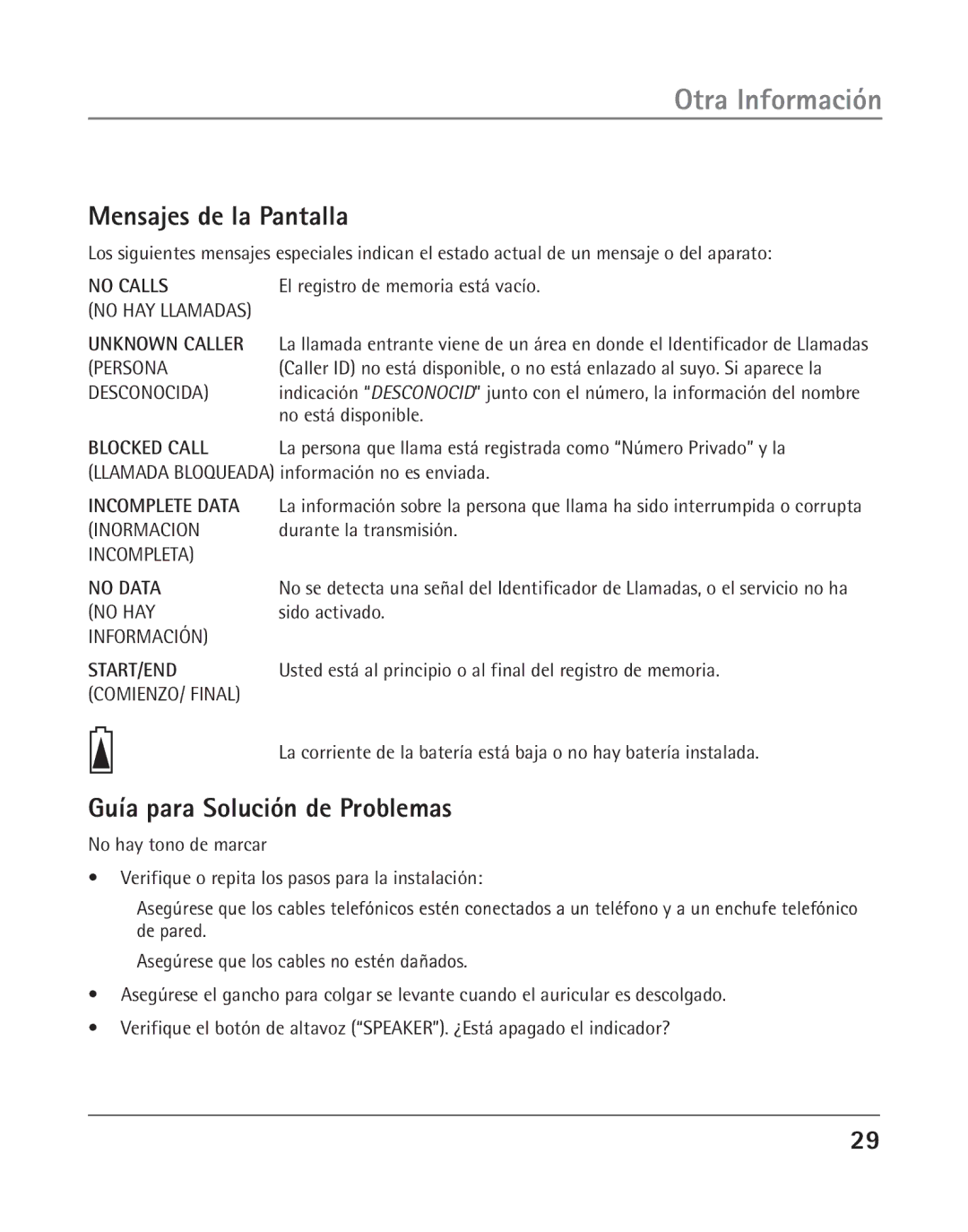 RCA 25202 manual Otra Información, Mensajes de la Pantalla, Guía para Solución de Problemas 