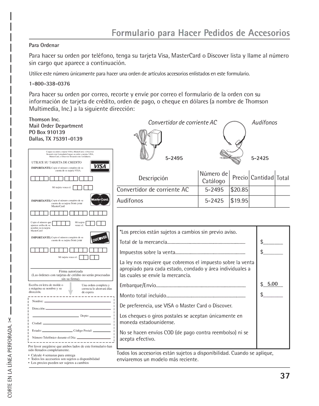 RCA 25202 manual Formulario para Hacer Pedidos de Accesorios, Descripción, Convertidor de corriente AC, Audífonos 