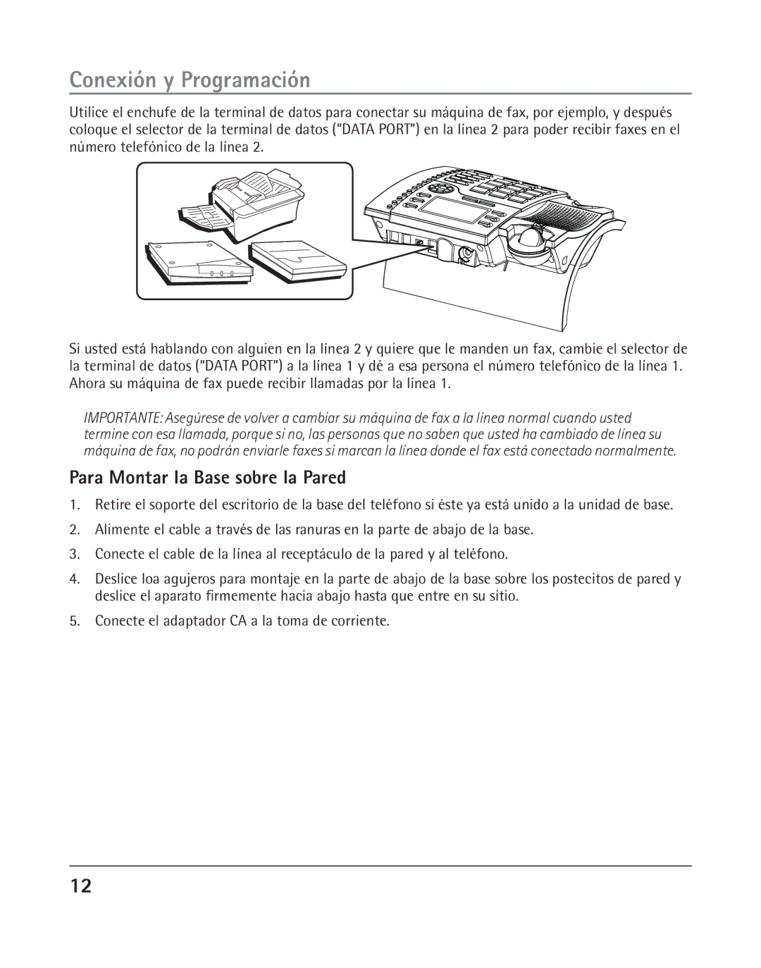 RCA 25205 manual Para Montar la Base sobre la Pared, Conecte el adaptador CA a la toma de corriente 