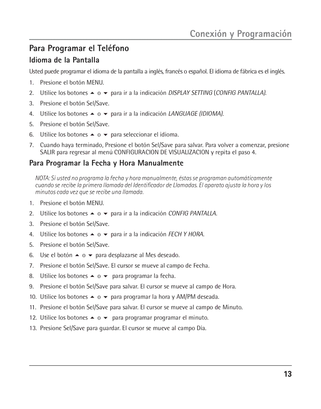 RCA 25205 manual Para Programar el Teléfono, Idioma de la Pantalla, Para Programar la Fecha y Hora Manualmente 