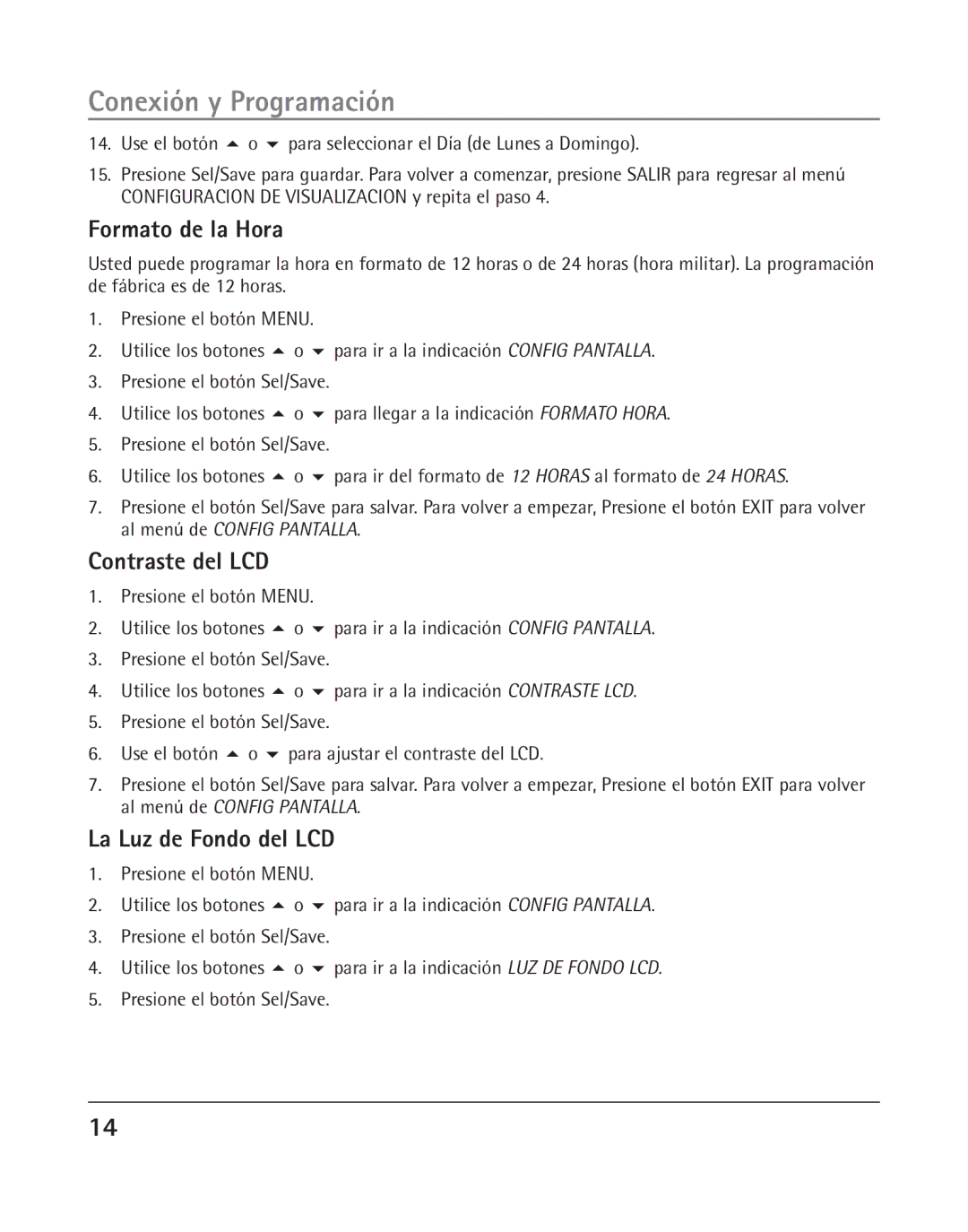 RCA 25205 manual Formato de la Hora, Contraste del LCD, La Luz de Fondo del LCD 