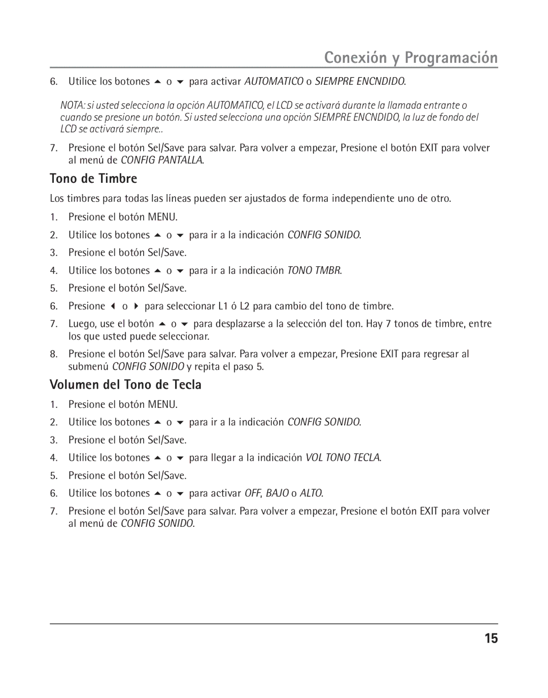 RCA 25205 manual Tono de Timbre, Volumen del Tono de Tecla 