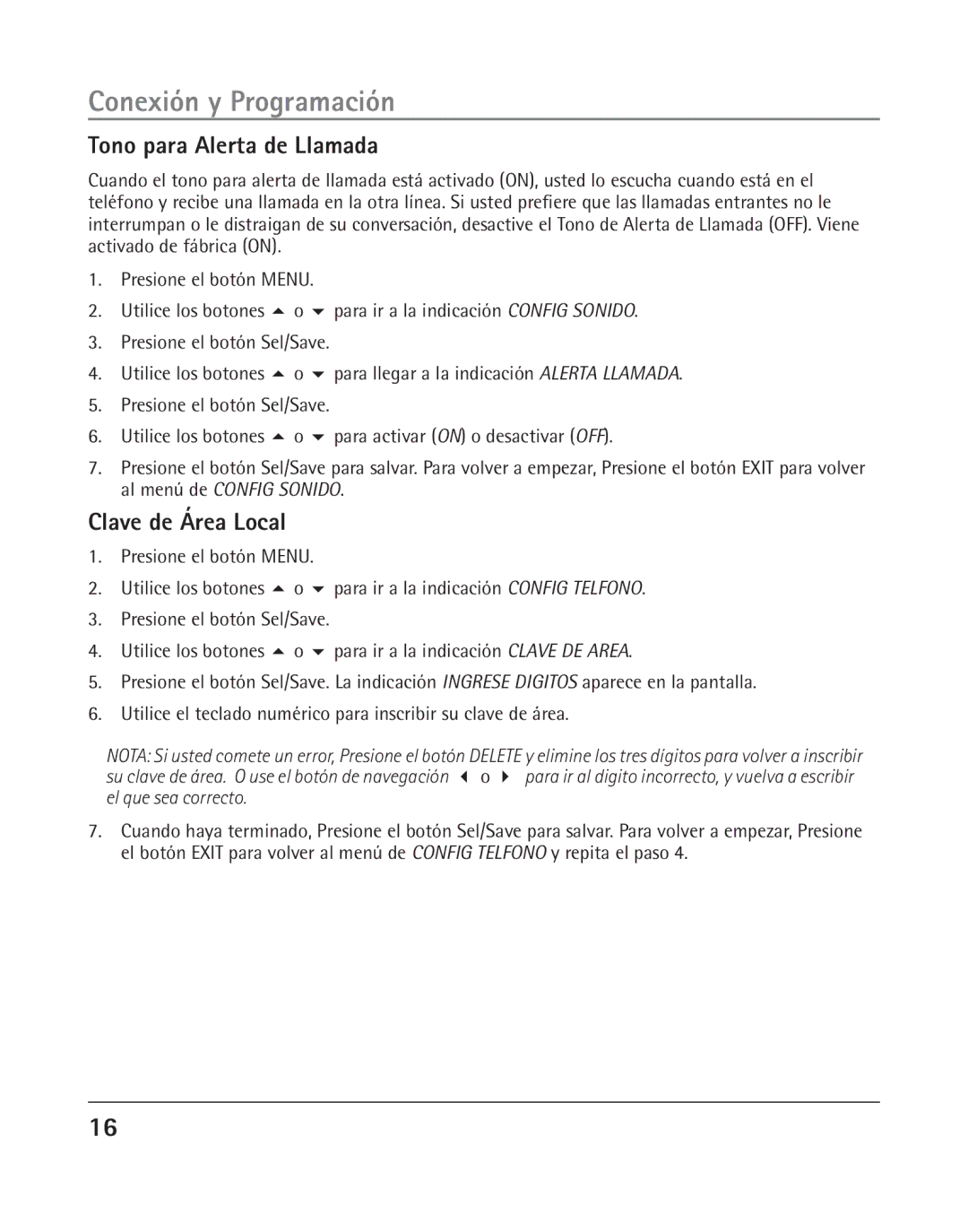 RCA 25205 manual Tono para Alerta de Llamada, Clave de Área Local 