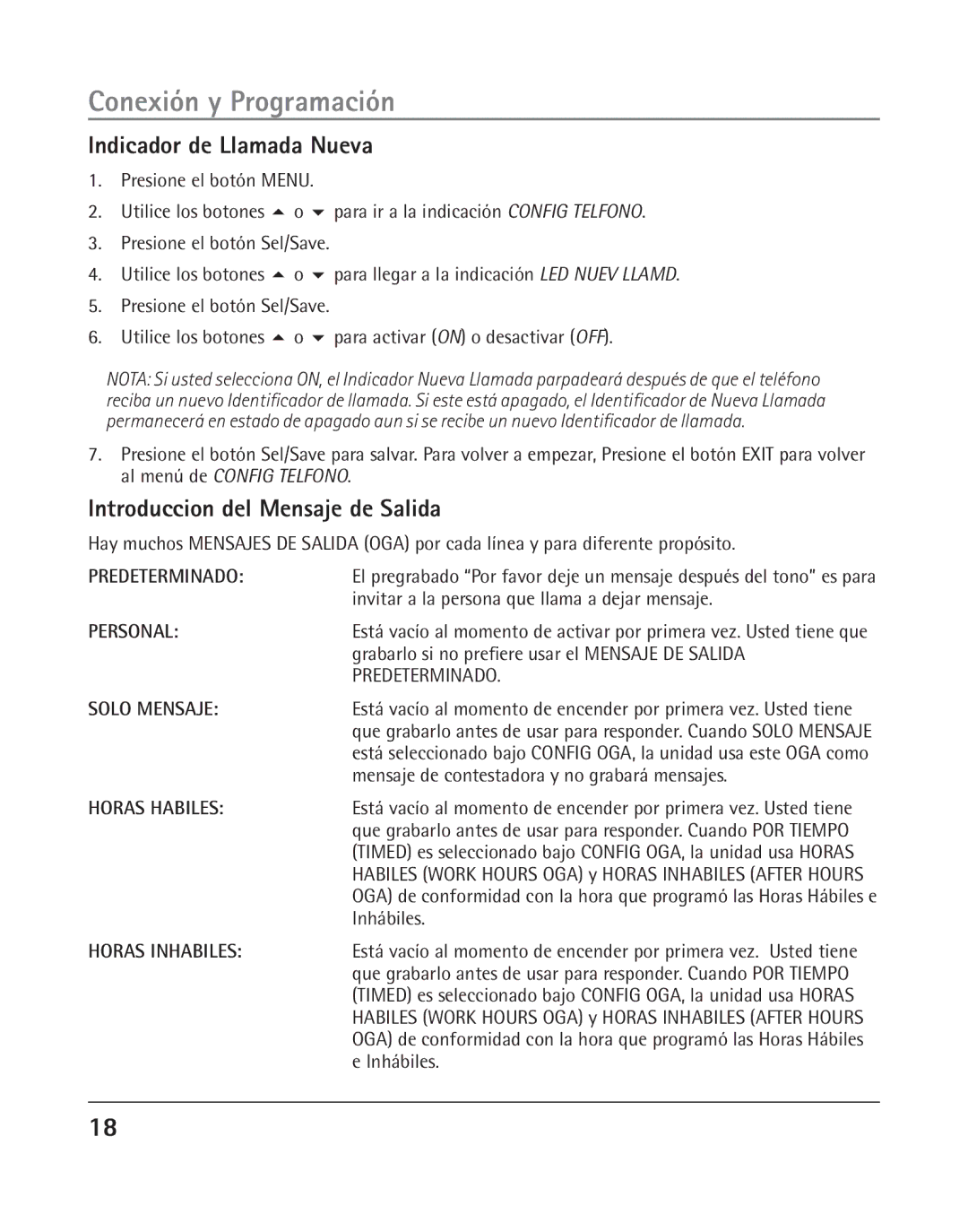 RCA 25205 manual Indicador de Llamada Nueva, Introduccion del Mensaje de Salida 