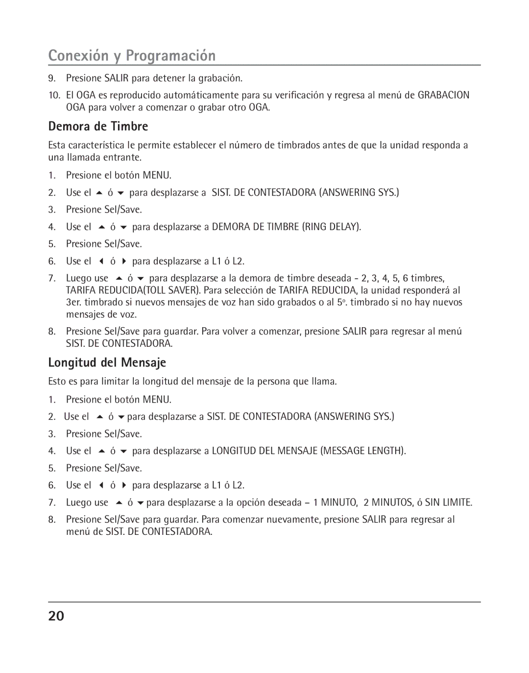 RCA 25205 manual Demora de Timbre, Longitud del Mensaje 