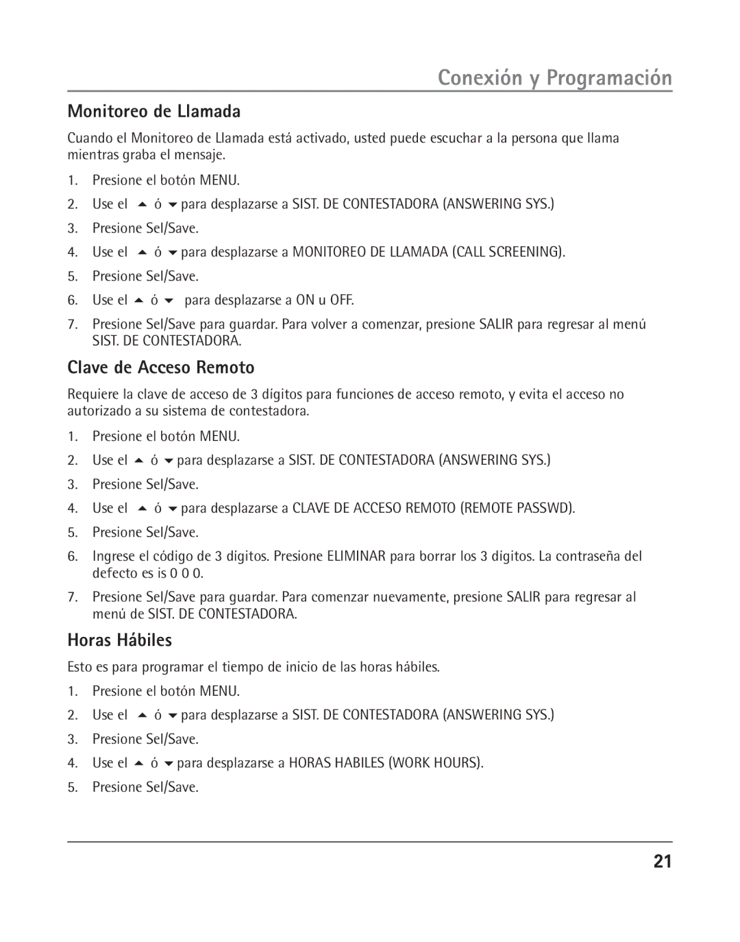 RCA 25205 manual Monitoreo de Llamada, Clave de Acceso Remoto, Horas Hábiles 