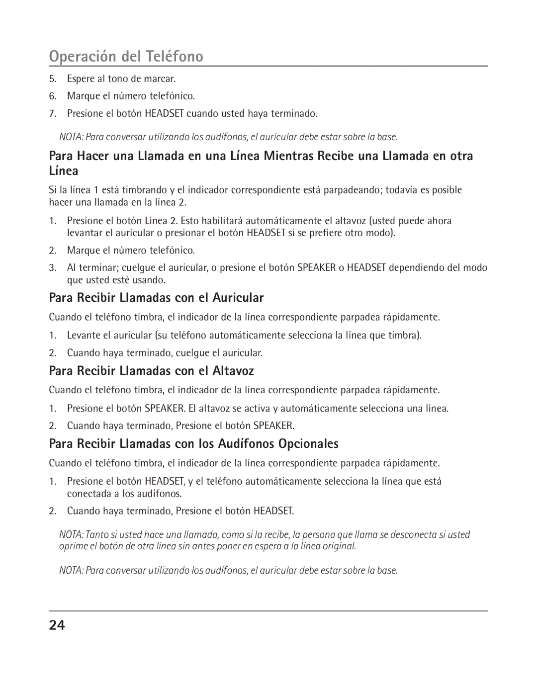 RCA 25205 manual Para Recibir Llamadas con el Auricular, Para Recibir Llamadas con el Altavoz 
