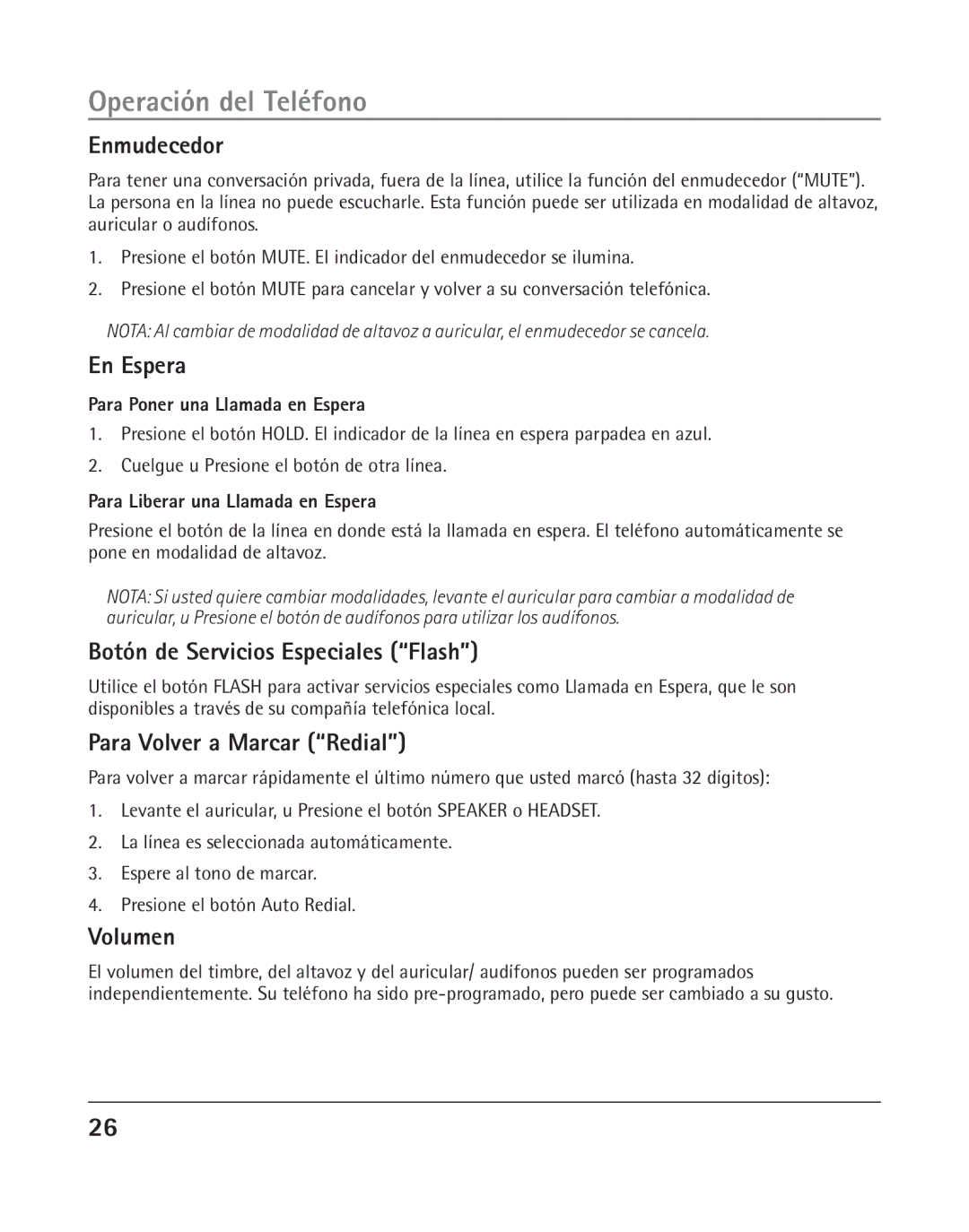 RCA 25205 manual Enmudecedor, En Espera, Botón de Servicios Especiales Flash, Para Volver a Marcar Redial, Volumen 