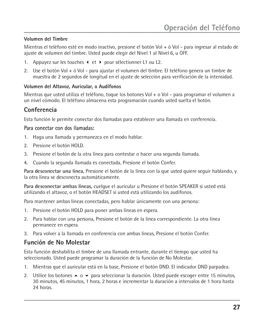 RCA 25205 manual Conferencia, Función de No Molestar, Para conectar con dos llamadas 