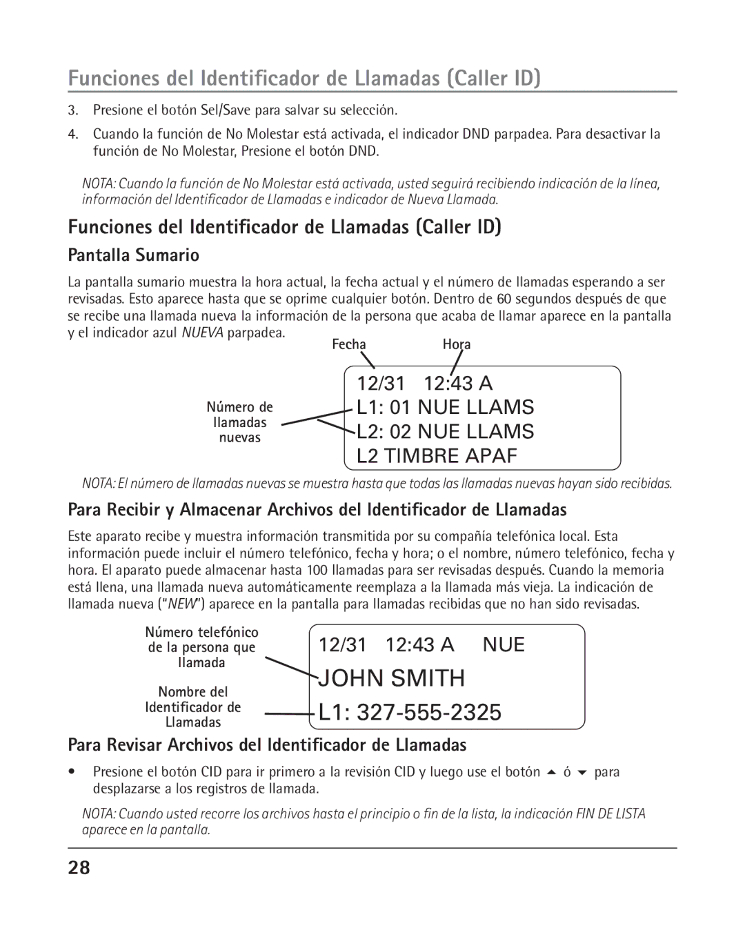 RCA 25205 manual Funciones del Identificador de Llamadas Caller ID, Pantalla Sumario, El indicador azul Nueva parpadea 