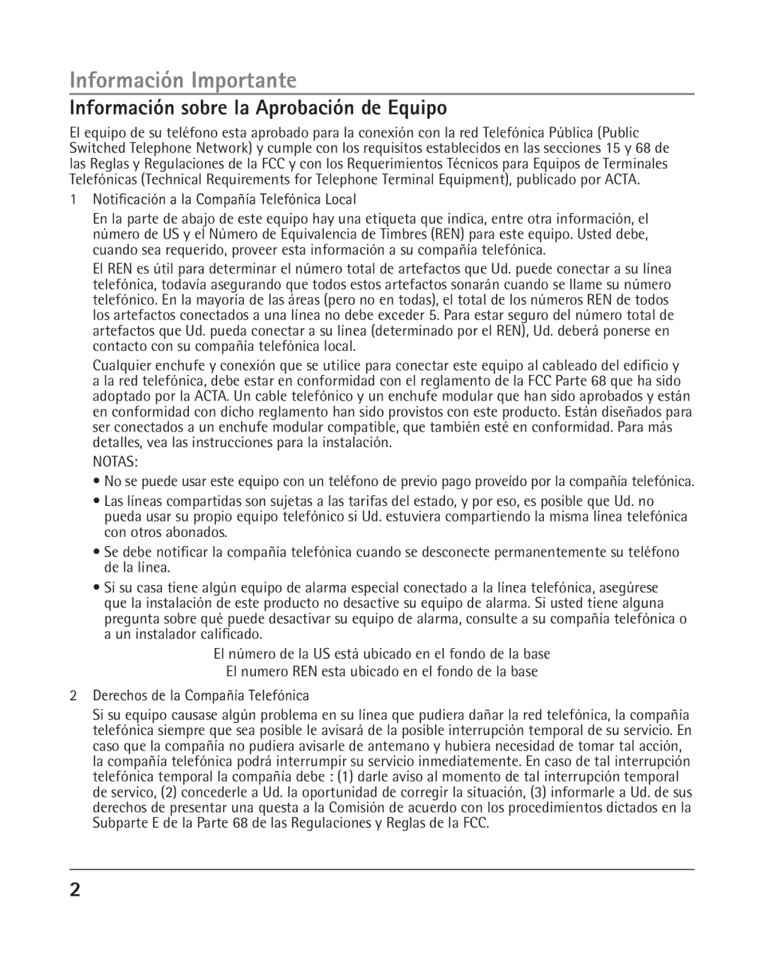 RCA 25205 Información Importante, Información sobre la Aprobación de Equipo, Notificación a la Compañía Telefónica Local 