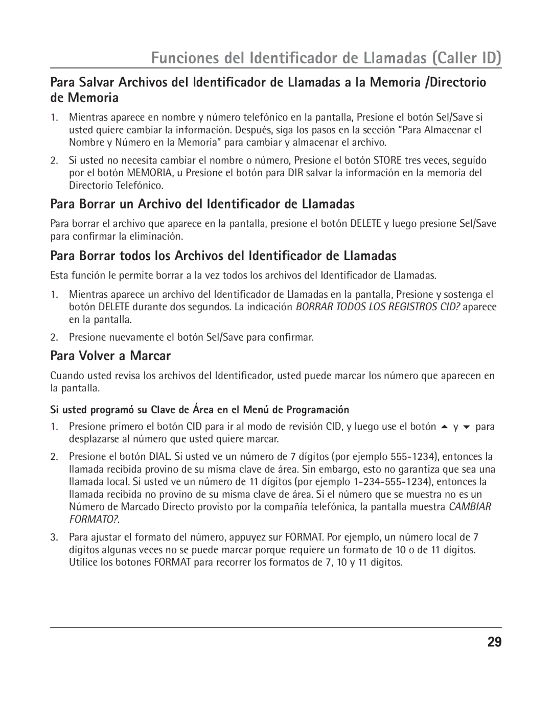 RCA 25205 manual Para Borrar un Archivo del Identificador de Llamadas, Para Volver a Marcar 