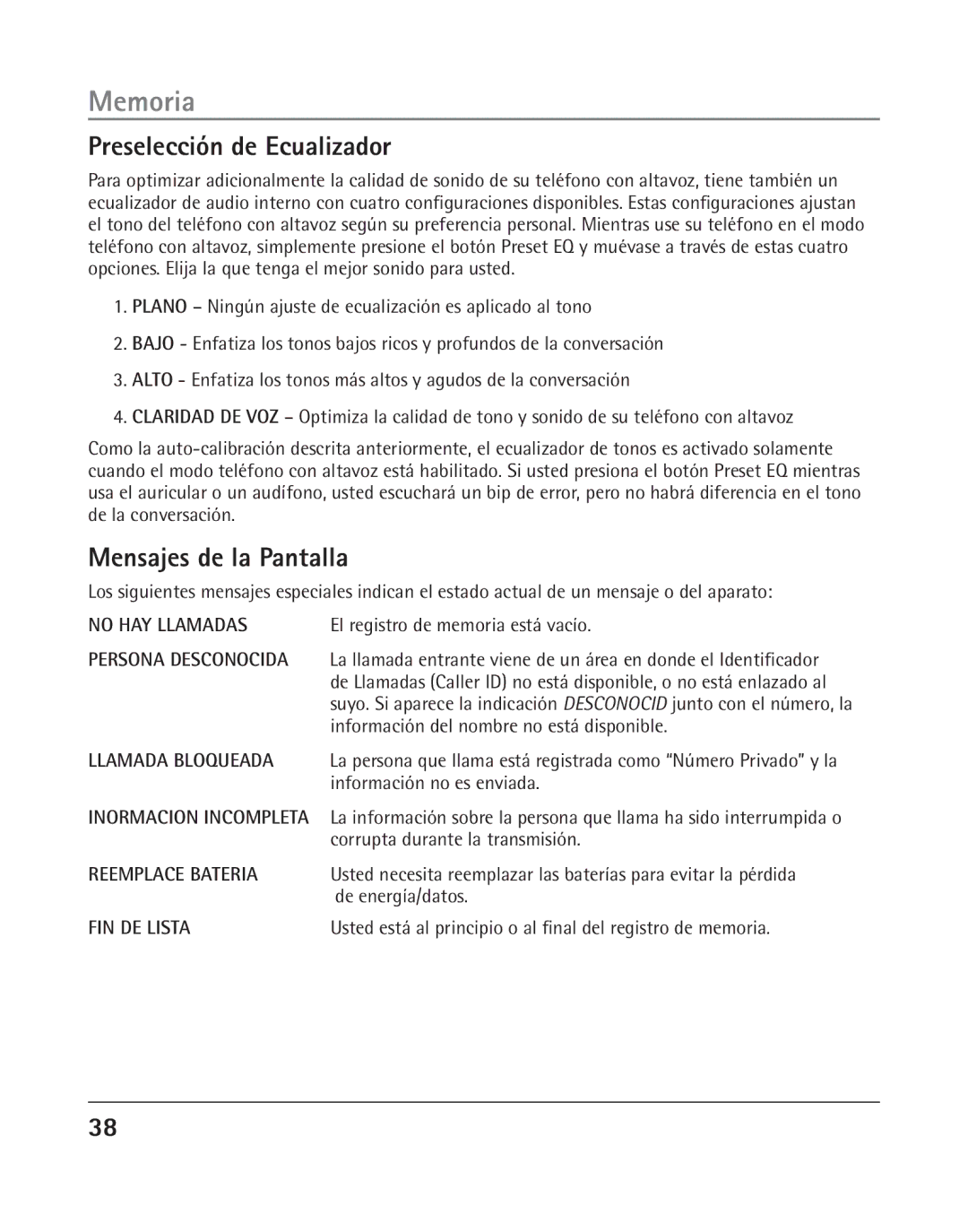 RCA 25205 manual Preselección de Ecualizador, Mensajes de la Pantalla 