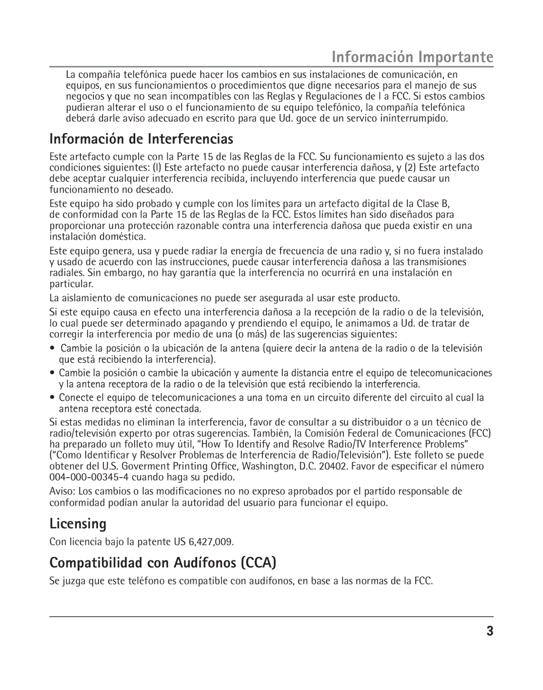 RCA 25205 manual Información de Interferencias, Licensing, Compatibilidad con Audífonos CCA 