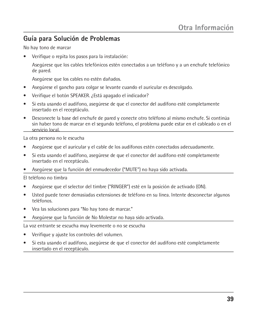 RCA 25205 manual Otra Información, Guía para Solución de Problemas 