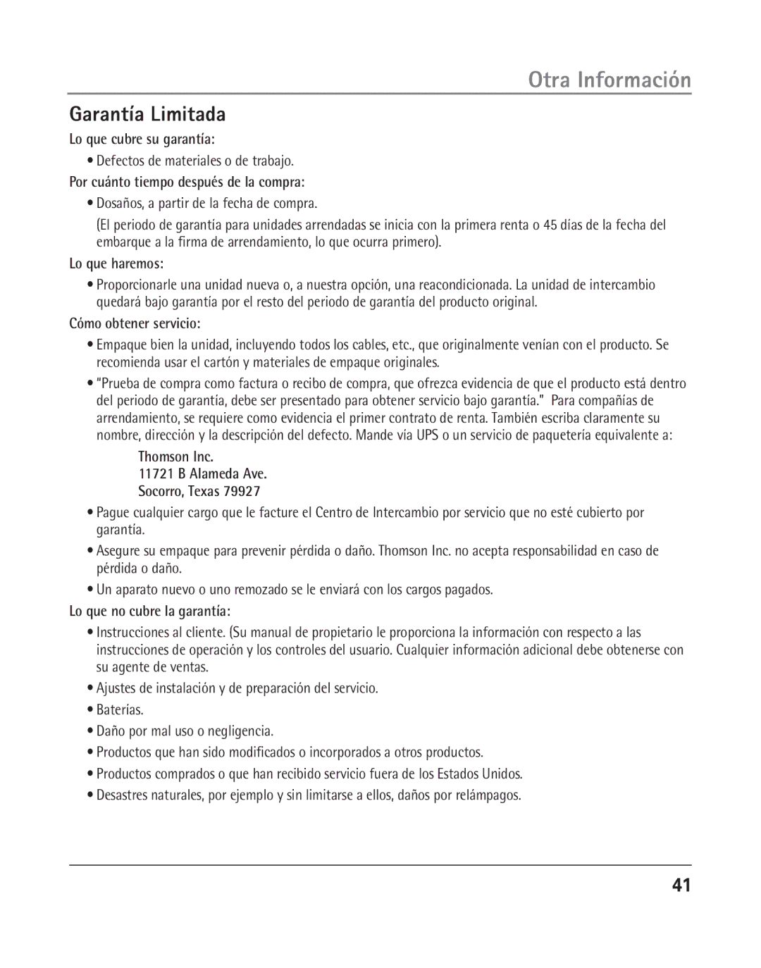 RCA 25205 manual Garantía Limitada, Defectos de materiales o de trabajo, Dosaños, a partir de la fecha de compra 