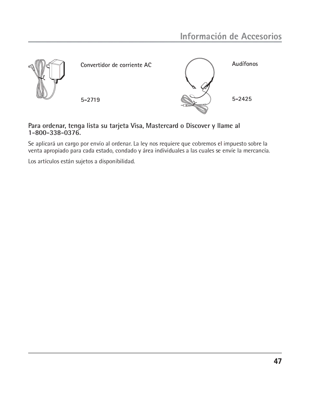 RCA 25205 manual Información de Accesorios, Los artículos están sujetos a disponibilidad 