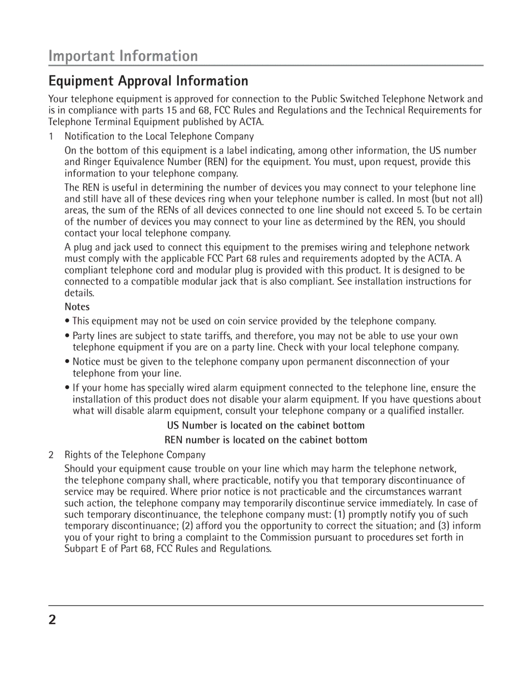 RCA 25205 manual Important Information, Equipment Approval Information, Rights of the Telephone Company 