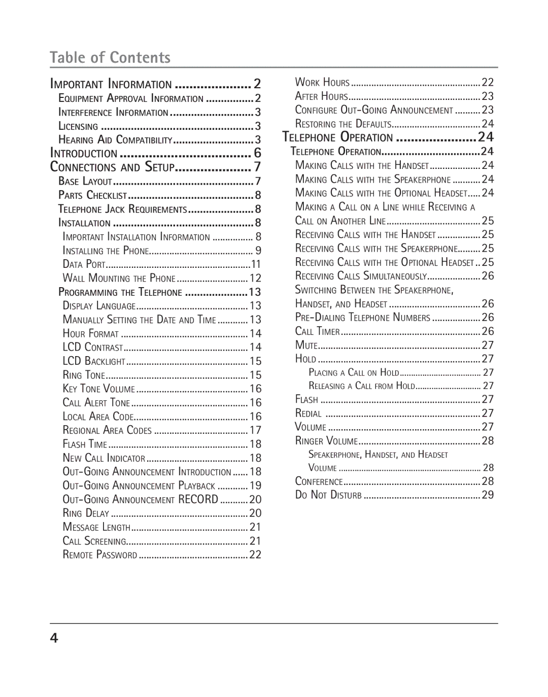 RCA 25205 manual Table of Contents 