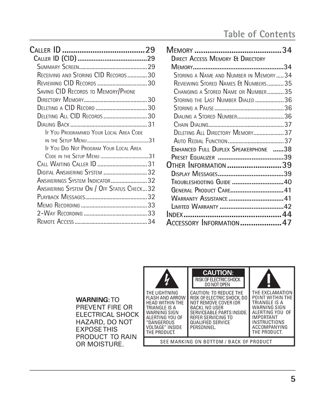 RCA 25205 manual Other Information, Caller ID Caller ID CID, Memory, Preset Equalizer 