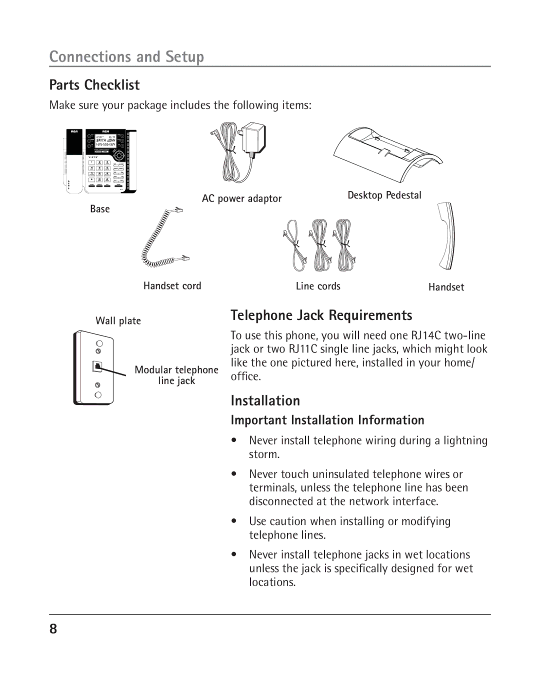 RCA 25205 manual Parts Checklist, Telephone Jack Requirements, Important Installation Information 