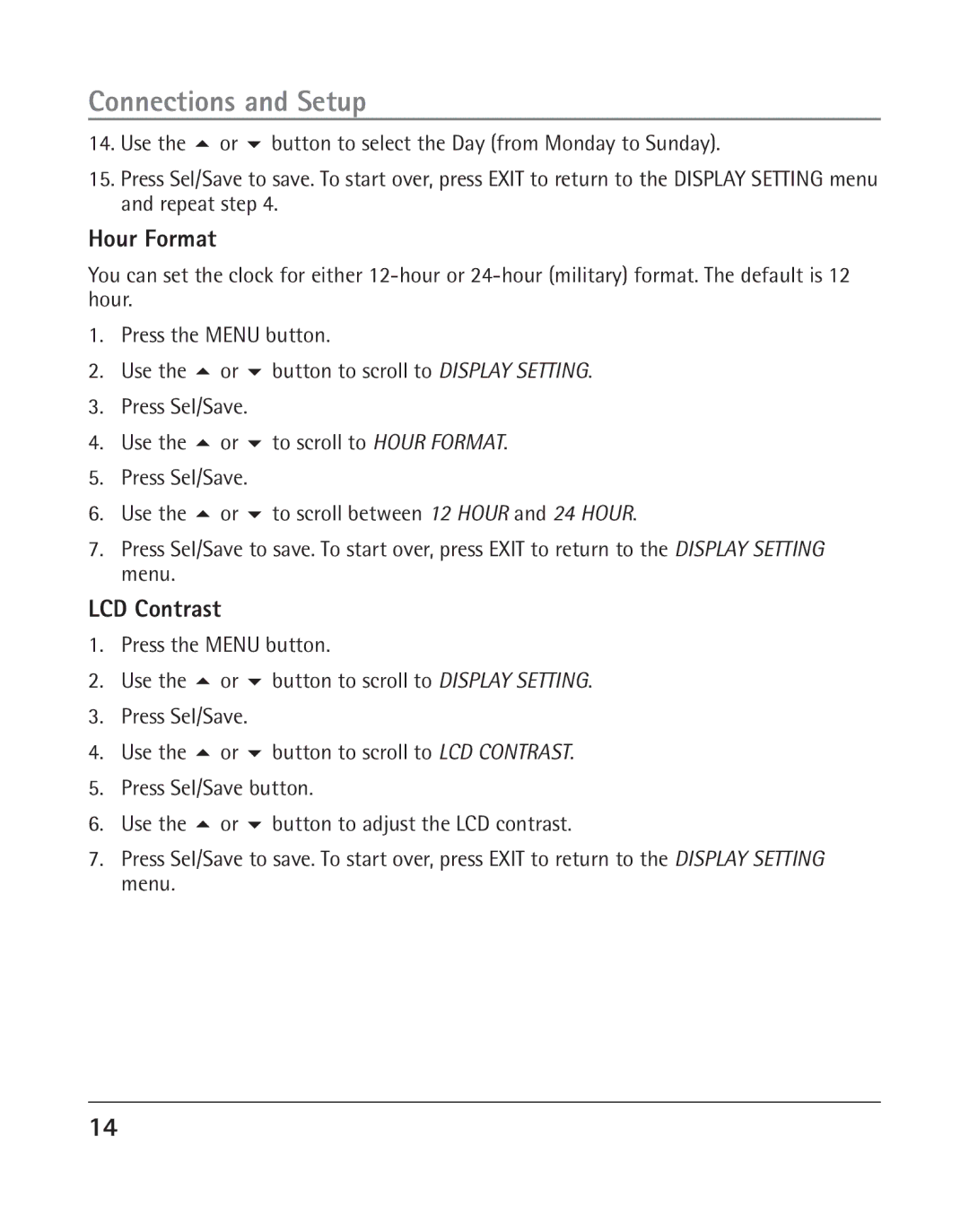 RCA 25205 manual Hour Format, LCD Contrast 