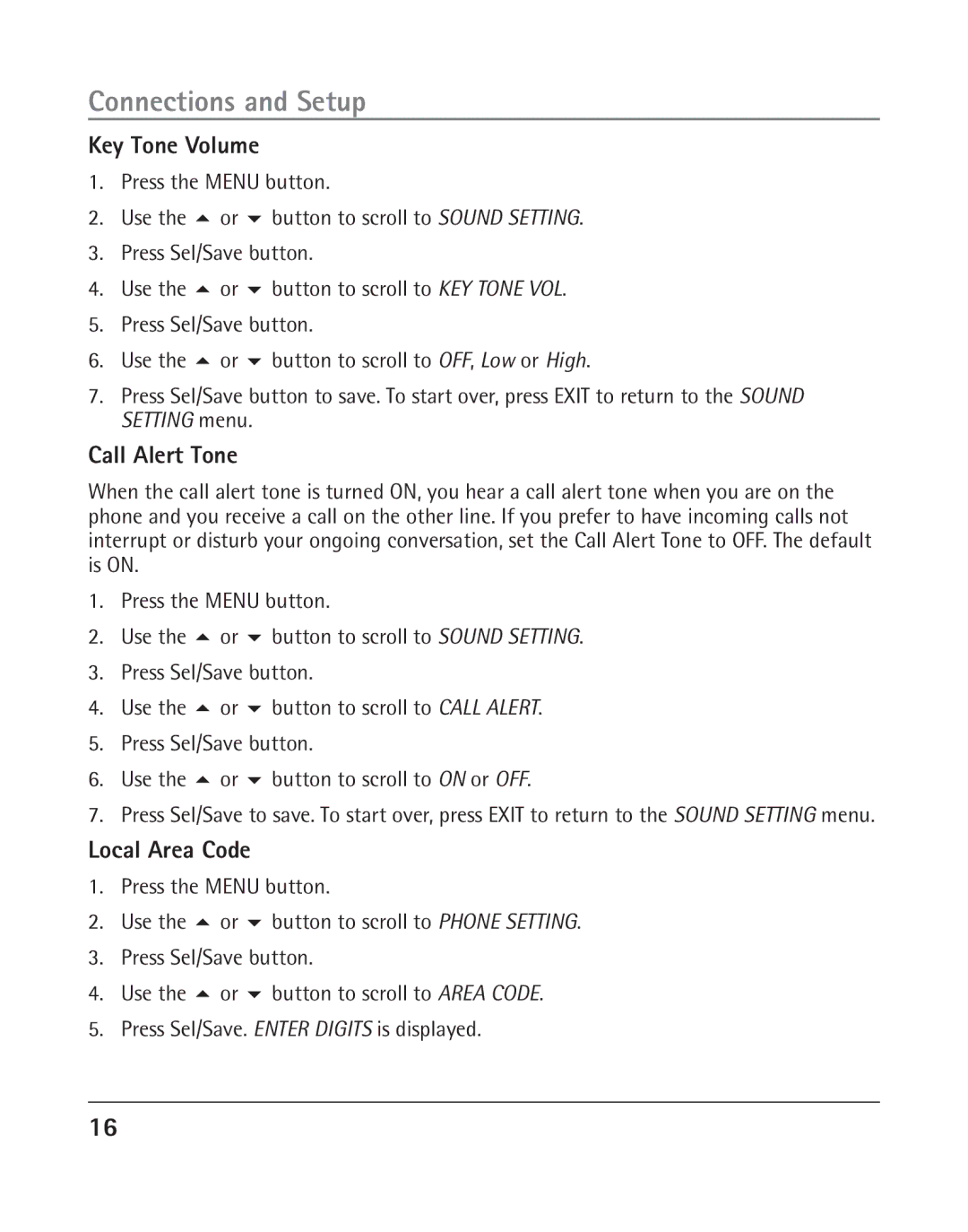 RCA 25205 manual Key Tone Volume, Call Alert Tone, Local Area Code 