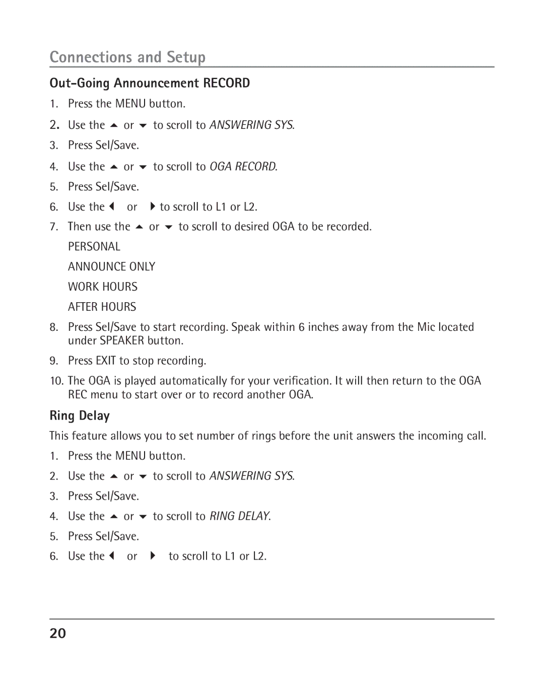 RCA 25205 manual Ring Delay, Out-Going Announcement Record 1. Press the Menu button 