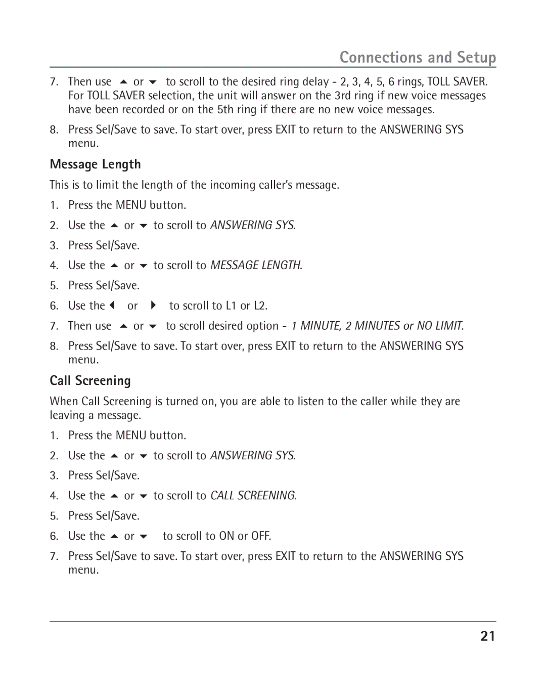 RCA 25205 manual Message Length, Call Screening 