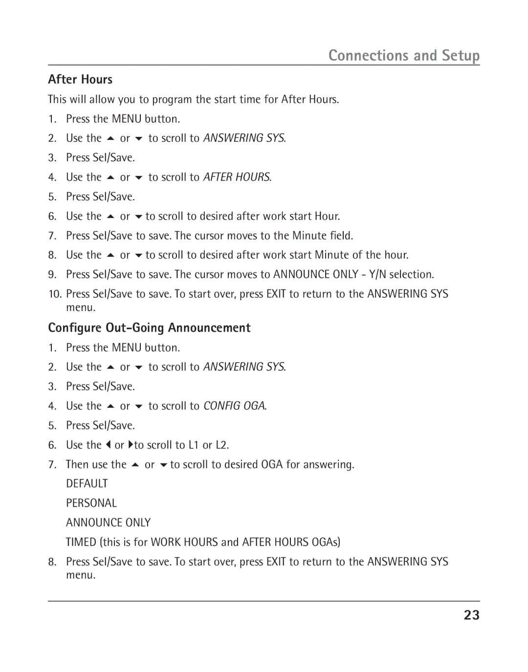 RCA 25205 manual After Hours, Configure Out-Going Announcement 