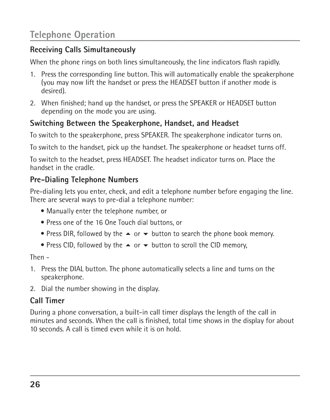 RCA 25205 manual Receiving Calls Simultaneously, Switching Between the Speakerphone, Handset, and Headset, Call Timer 