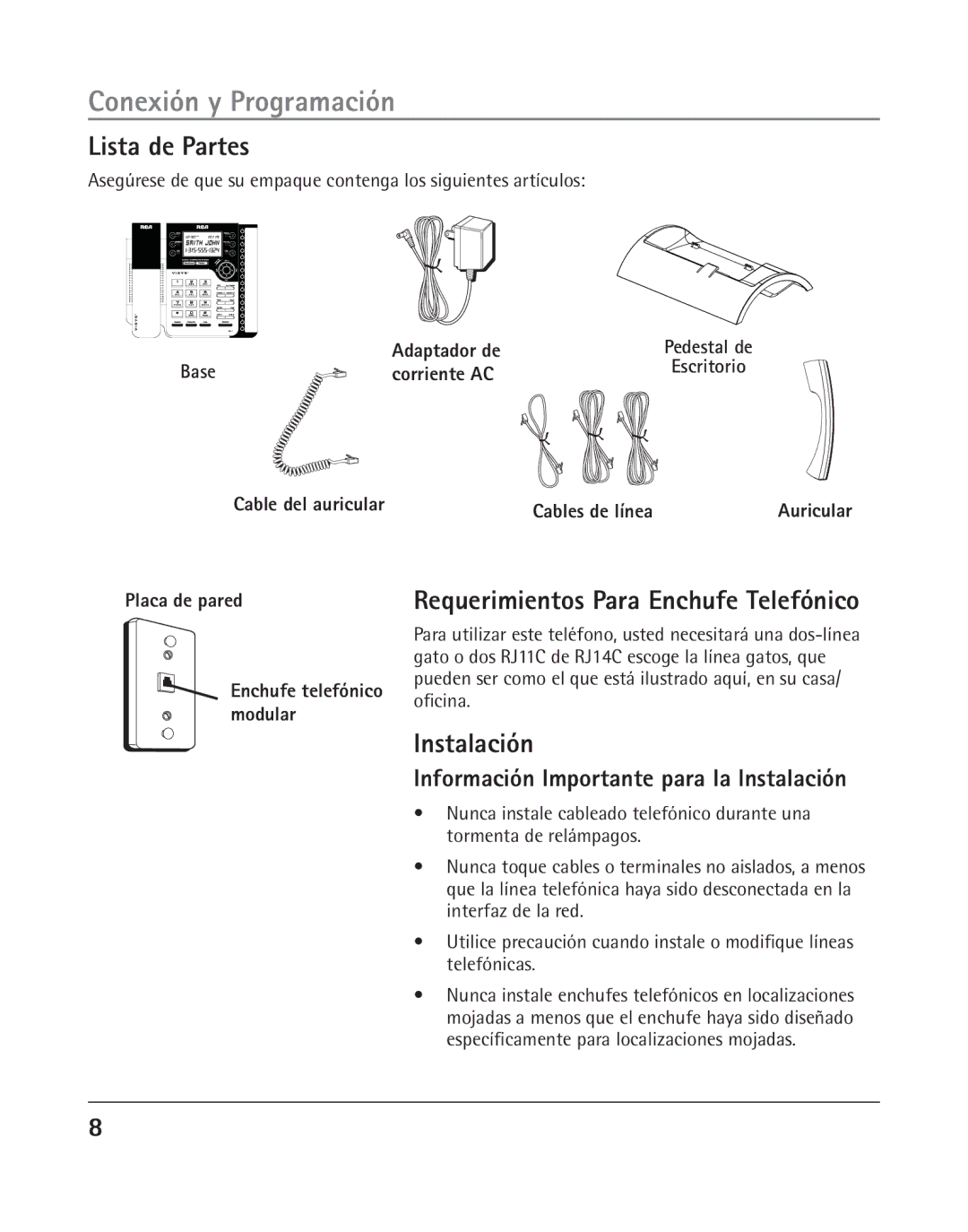 RCA 25205 manual Conexión y Programación, Lista de Partes, Requerimientos Para Enchufe Telefónico, Instalación 