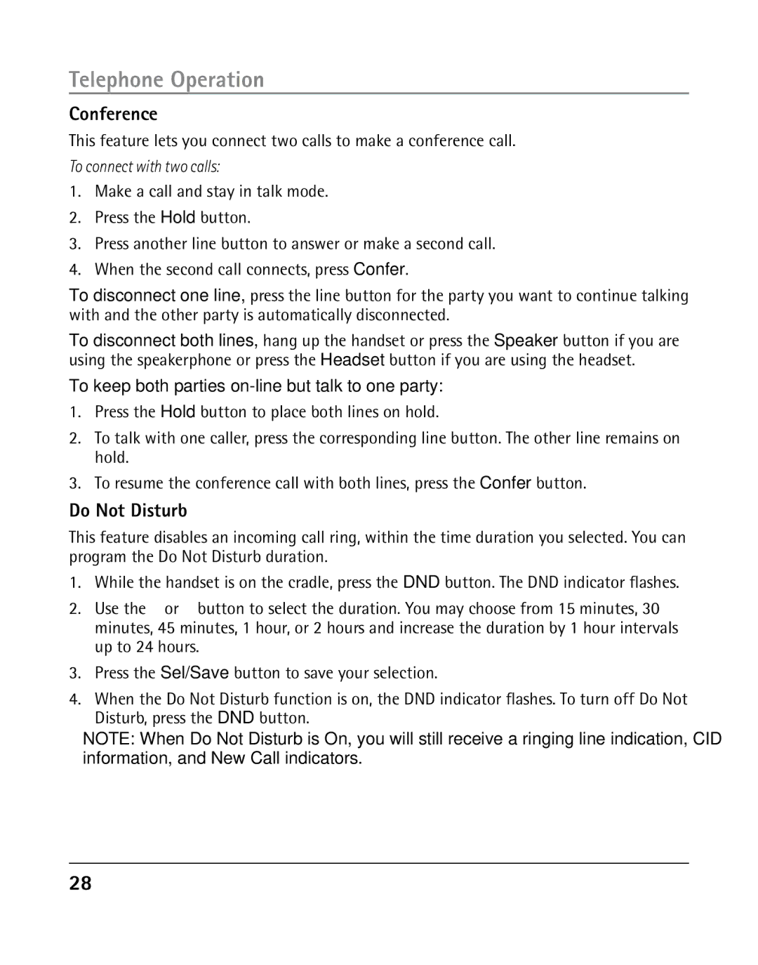 RCA 25205 manual Conference, Do Not Disturb, To connect with two calls, To keep both parties on-line but talk to one party 