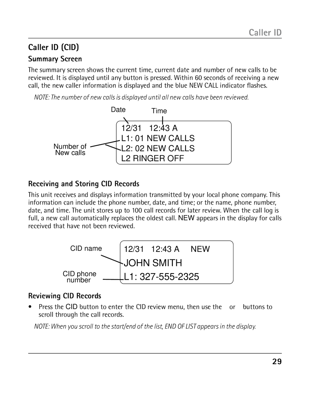 RCA 25205 manual Caller ID CID, Summary Screen, Receiving and Storing CID Records, Reviewing CID Records 