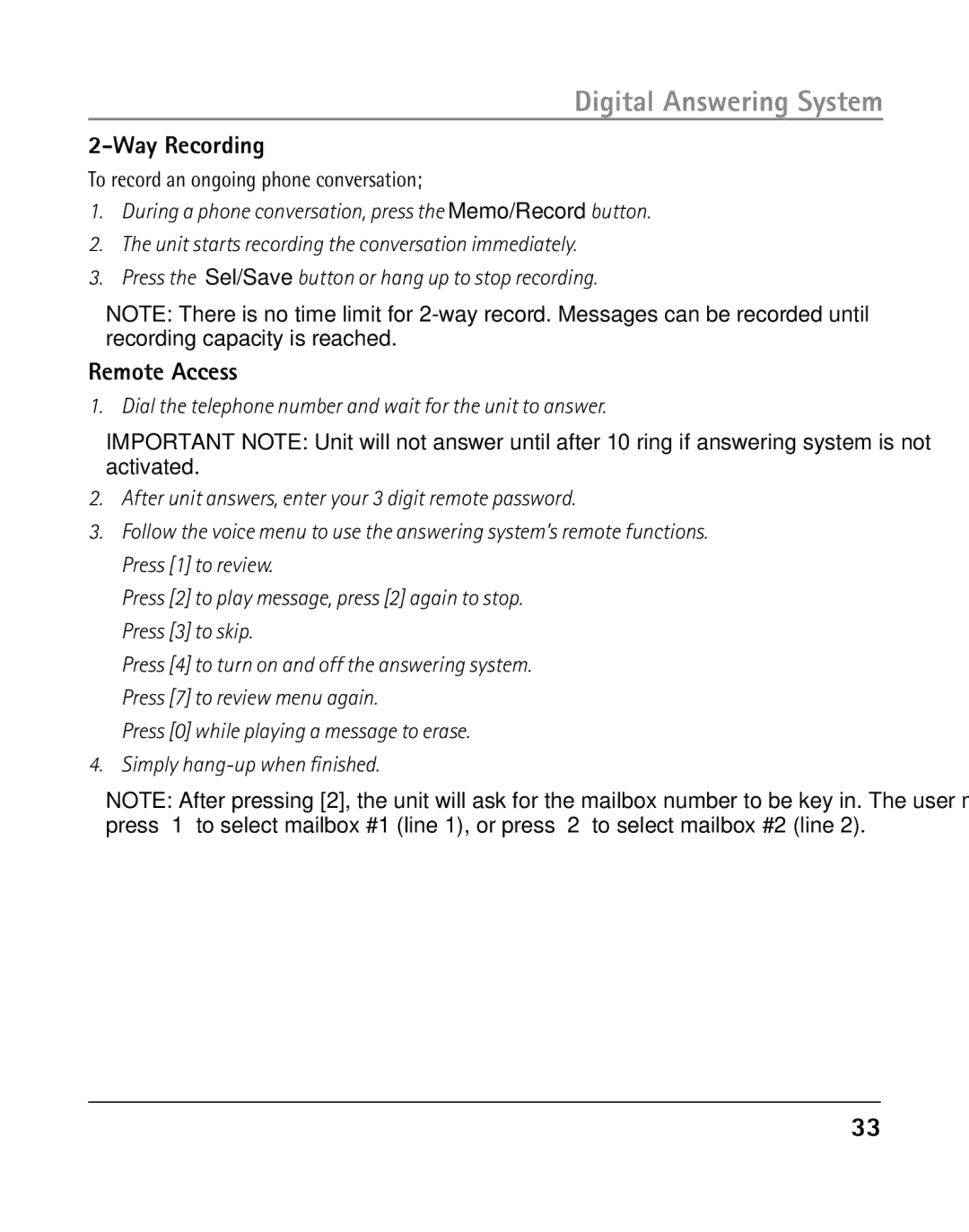 RCA 25205 manual Way Recording, Remote Access, To record an ongoing phone conversation 